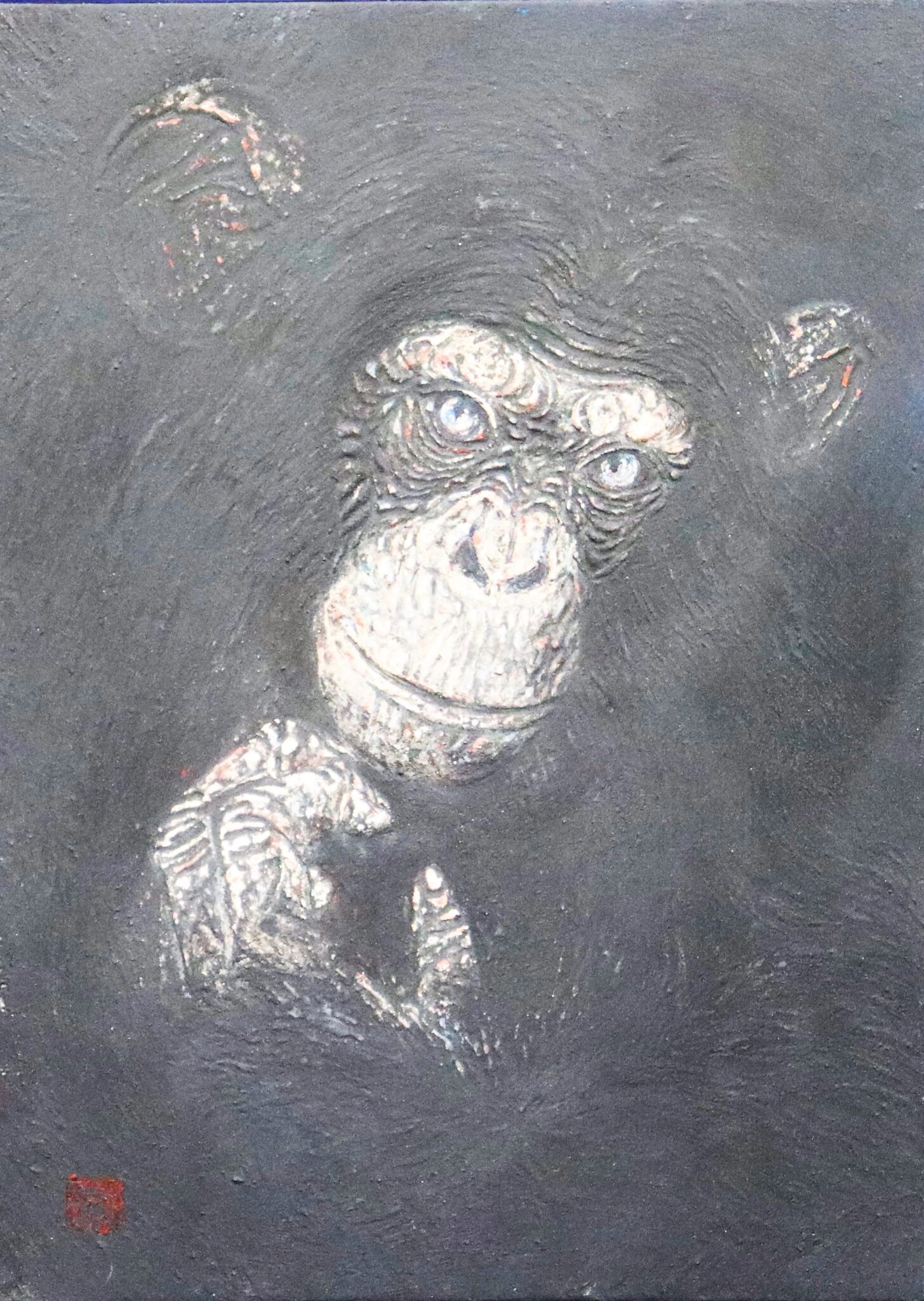 即納国産『新作』チンパンジー　F4　油彩　送料無料 動物画
