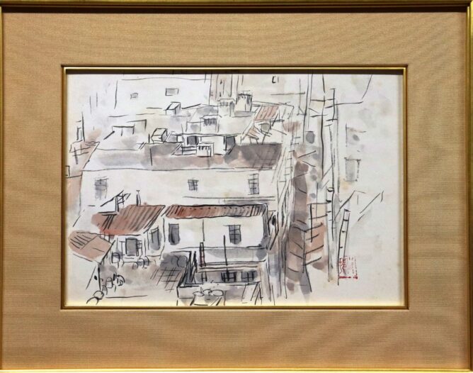 前田青邨 「一服（白描）」日本画(紙本・水墨・淡彩） 手間どっ 扇面 
