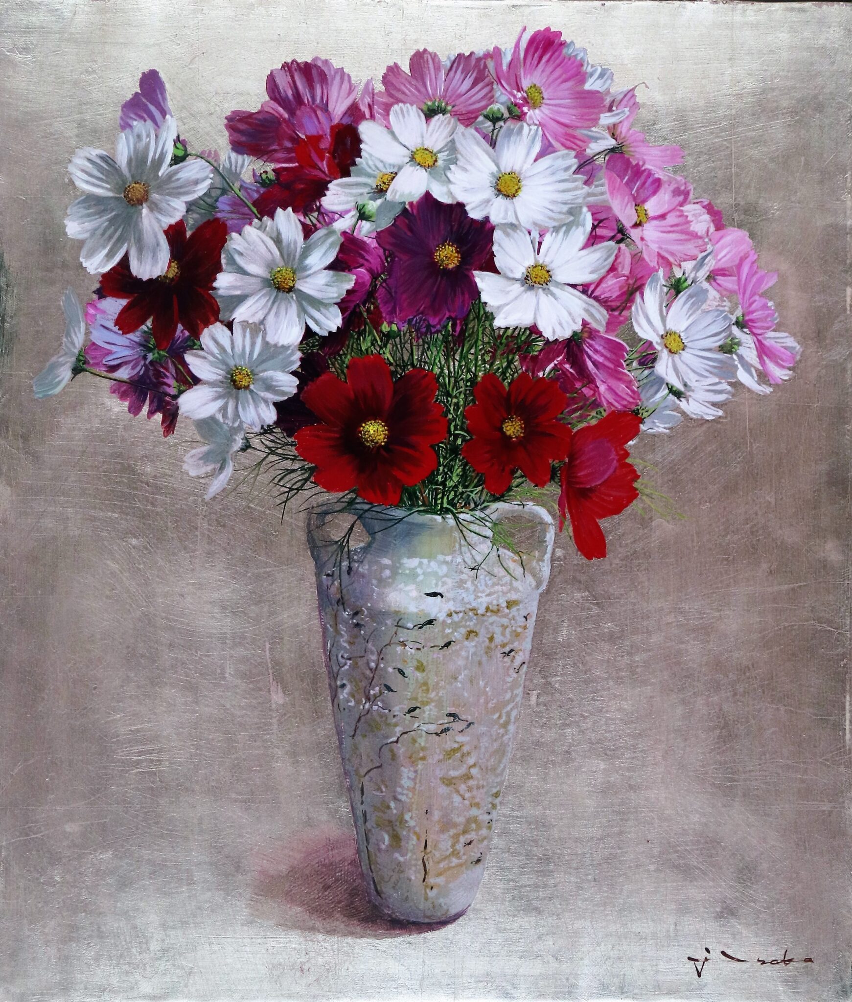 井阪仁 ドームの花瓶のコスモス F10号油絵 | 美濃和紙・掛軸・絵画の 